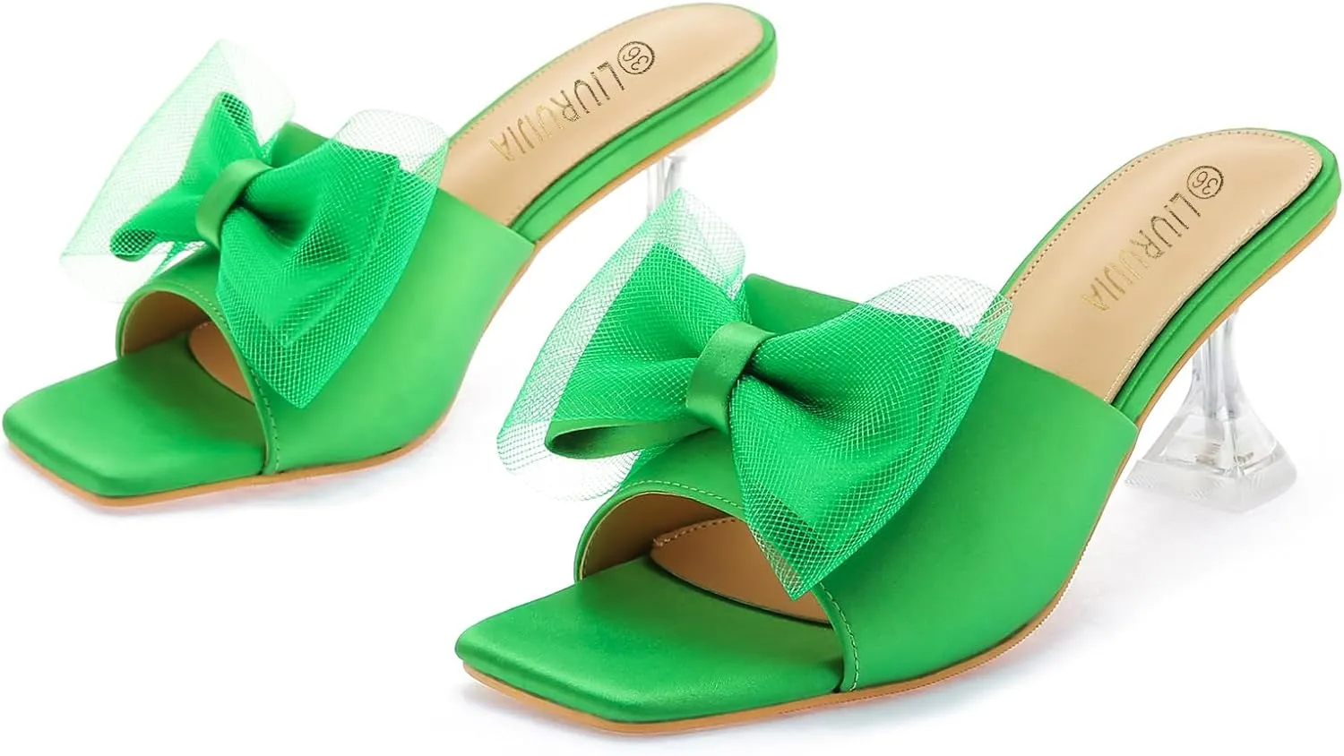 LIURUIJIA Women's Bow Heels Mules Sandals Square Toe Slip On Low Kitten Heels Wedding Bridal Dress Shoes