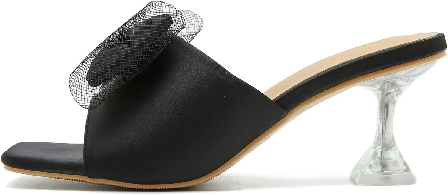 LIURUIJIA Women's Bow Heels Mules Sandals Square Toe Slip On Low Kitten Heels Wedding Bridal Dress Shoes