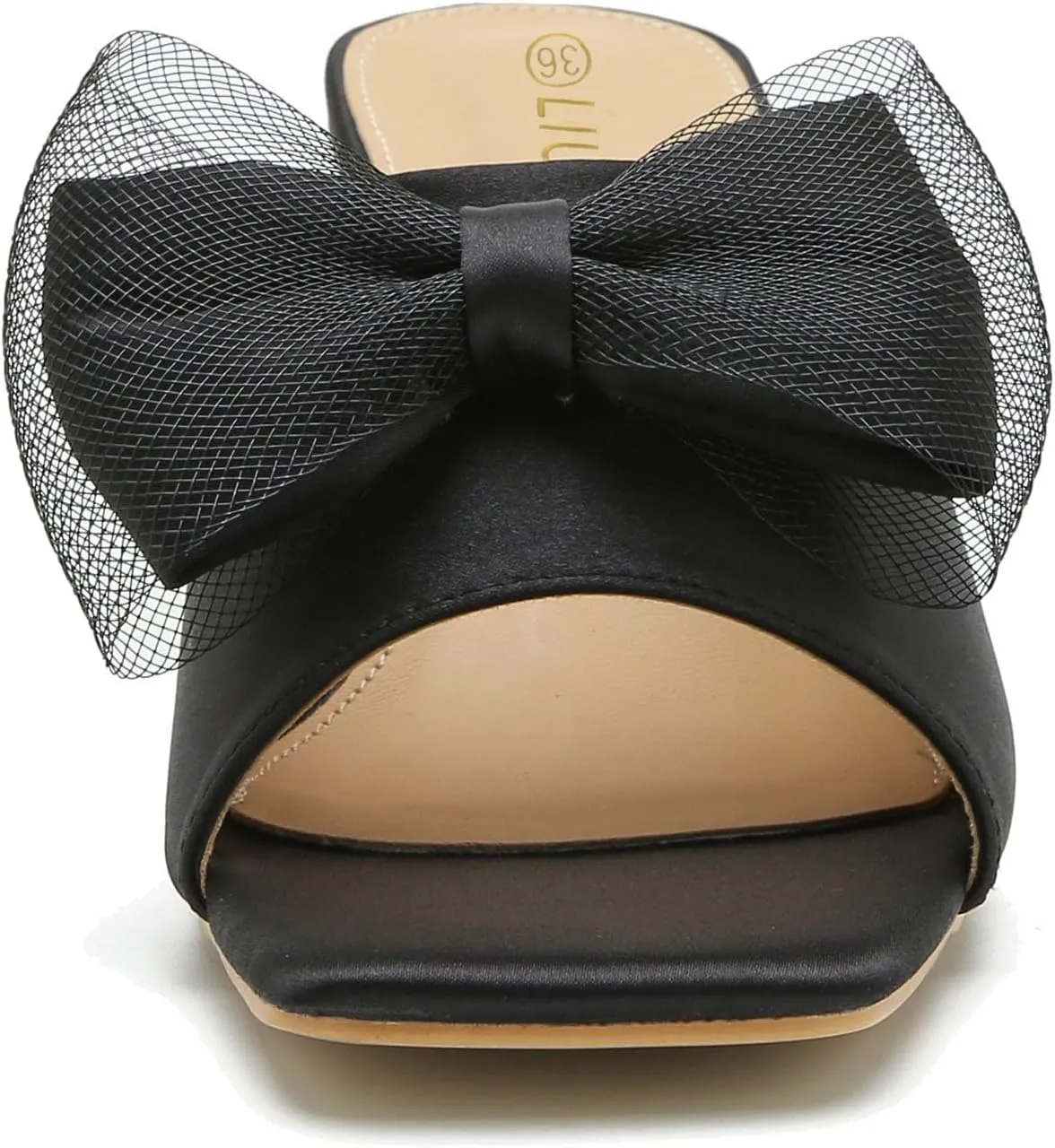 LIURUIJIA Women's Bow Heels Mules Sandals Square Toe Slip On Low Kitten Heels Wedding Bridal Dress Shoes