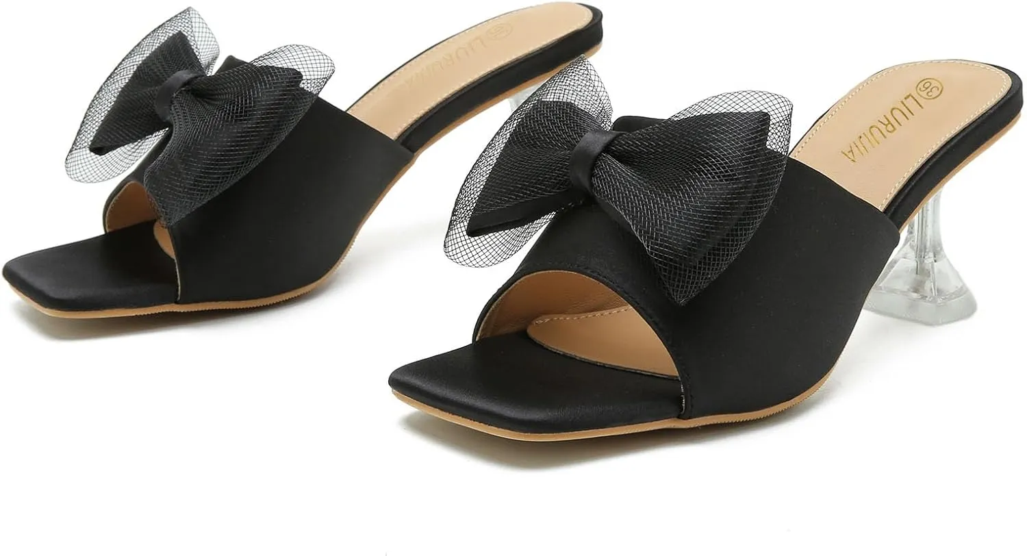LIURUIJIA Women's Bow Heels Mules Sandals Square Toe Slip On Low Kitten Heels Wedding Bridal Dress Shoes