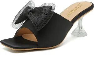 LIURUIJIA Women's Bow Heels Mules Sandals Square Toe Slip On Low Kitten Heels Wedding Bridal Dress Shoes