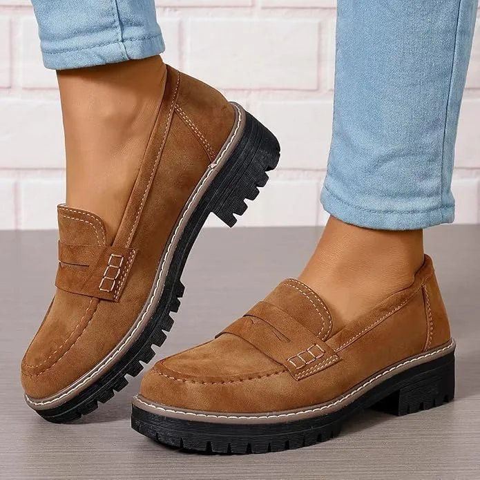 Loafers for Women Platform Black Shoes Slip On-Comfort Suede Chunky Office Business Casual Dress Shoes