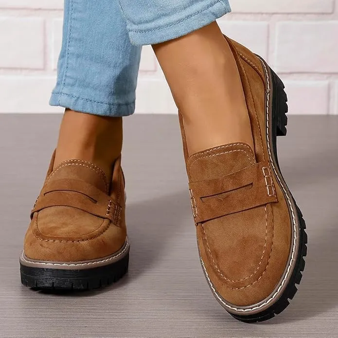 Loafers for Women Platform Black Shoes Slip On-Comfort Suede Chunky Office Business Casual Dress Shoes