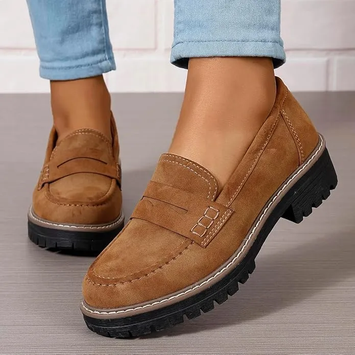 Loafers for Women Platform Black Shoes Slip On-Comfort Suede Chunky Office Business Casual Dress Shoes