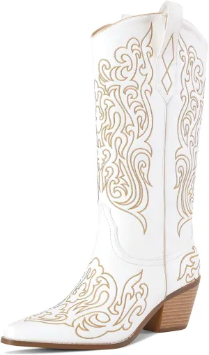 LOCERICH Women Knee High Boots Cowgirl Boots Cowboy Tall Boots Western Wide Calf Ladies Low Chunky Heel Snip Toe Comfortable Dress Boot with Embroidered