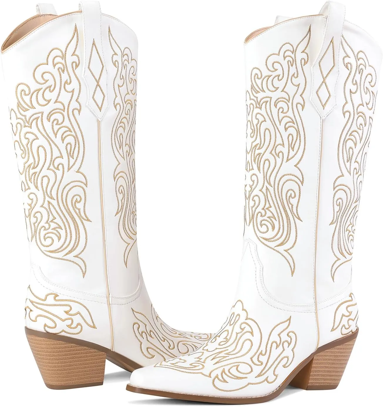 LOCERICH Women Knee High Boots Cowgirl Boots Cowboy Tall Boots Western Wide Calf Ladies Low Chunky Heel Snip Toe Comfortable Dress Boot with Embroidered