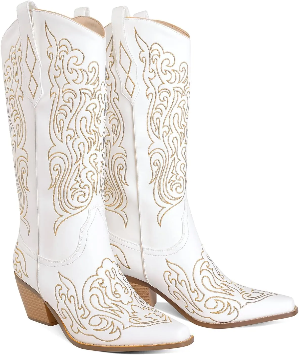 LOCERICH Women Knee High Boots Cowgirl Boots Cowboy Tall Boots Western Wide Calf Ladies Low Chunky Heel Snip Toe Comfortable Dress Boot with Embroidered