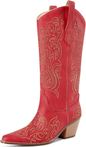 LOCERICH Women Knee High Boots Cowgirl Boots Cowboy Tall Boots Western Wide Calf Ladies Low Chunky Heel Snip Toe Comfortable Dress Boot with Embroidered