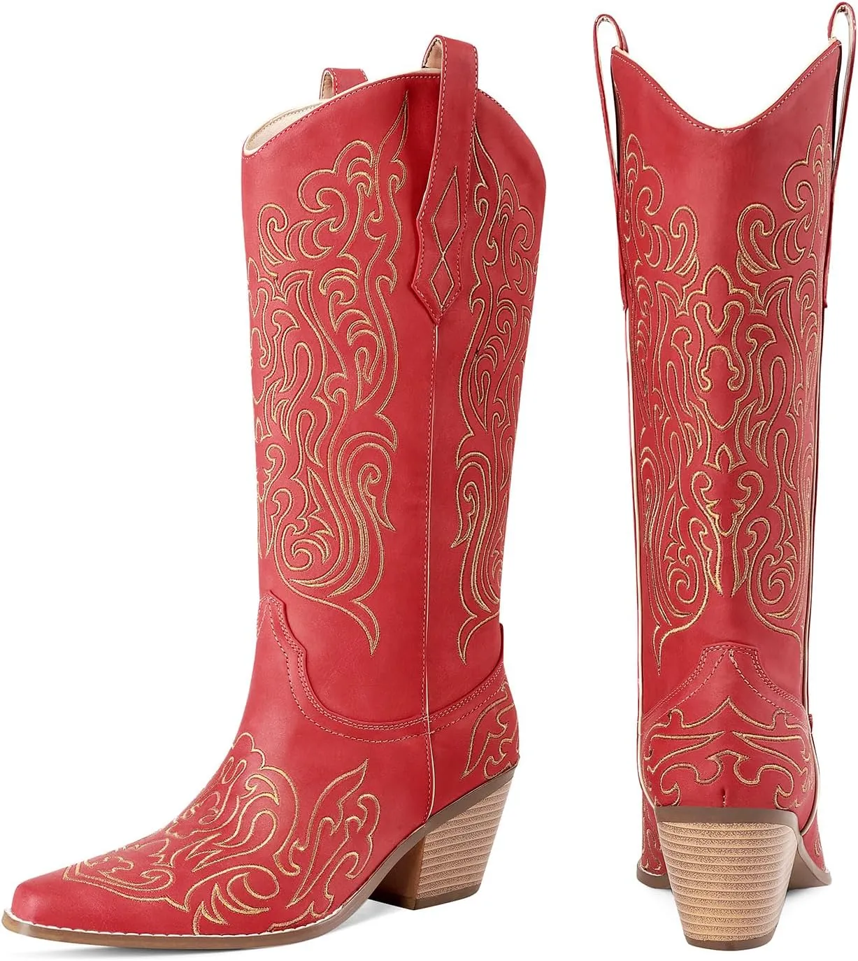 LOCERICH Women Knee High Boots Cowgirl Boots Cowboy Tall Boots Western Wide Calf Ladies Low Chunky Heel Snip Toe Comfortable Dress Boot with Embroidered