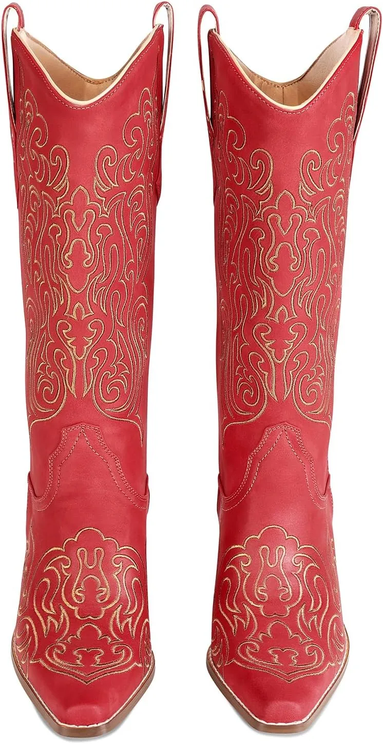 LOCERICH Women Knee High Boots Cowgirl Boots Cowboy Tall Boots Western Wide Calf Ladies Low Chunky Heel Snip Toe Comfortable Dress Boot with Embroidered