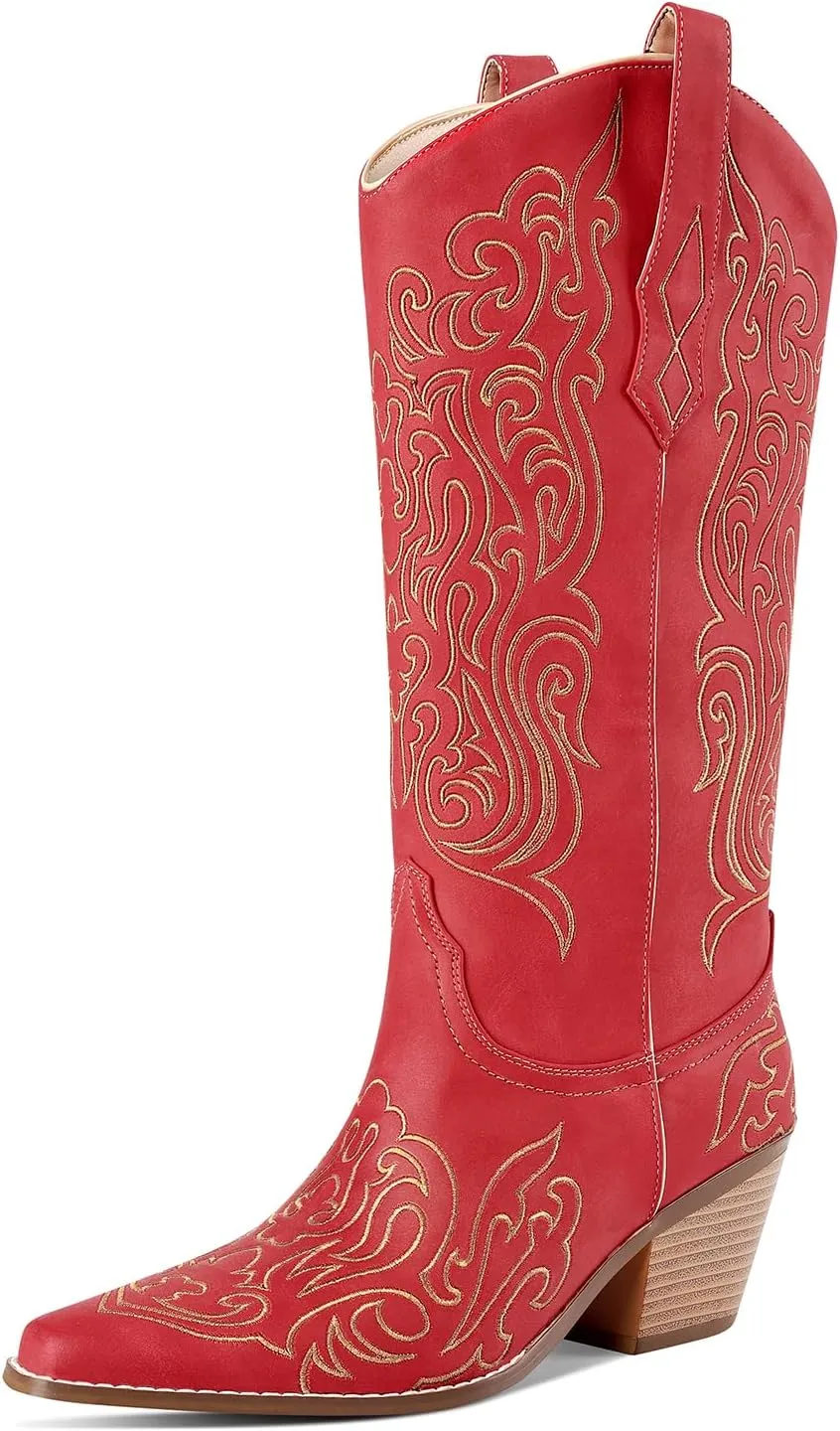 LOCERICH Women Knee High Boots Cowgirl Boots Cowboy Tall Boots Western Wide Calf Ladies Low Chunky Heel Snip Toe Comfortable Dress Boot with Embroidered