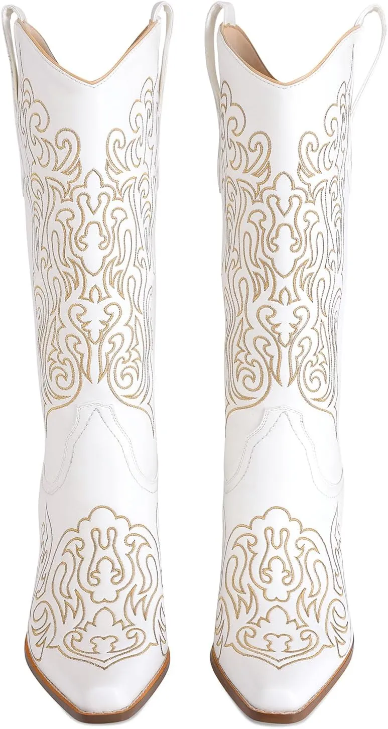 LOCERICH Women Knee High Boots Cowgirl Boots Cowboy Tall Boots Western Wide Calf Ladies Low Chunky Heel Snip Toe Comfortable Dress Boot with Embroidered