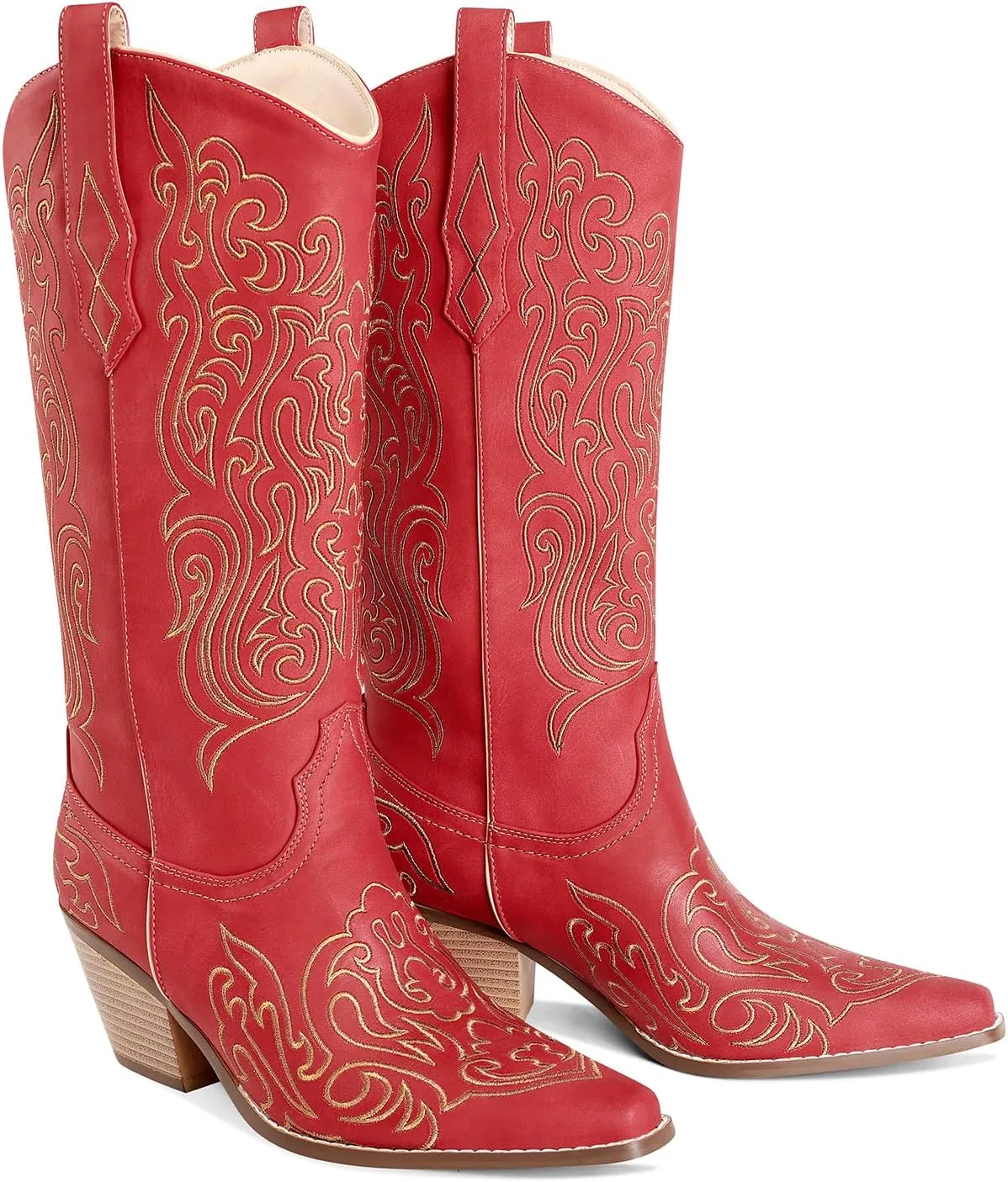 LOCERICH Women Knee High Boots Cowgirl Boots Cowboy Tall Boots Western Wide Calf Ladies Low Chunky Heel Snip Toe Comfortable Dress Boot with Embroidered