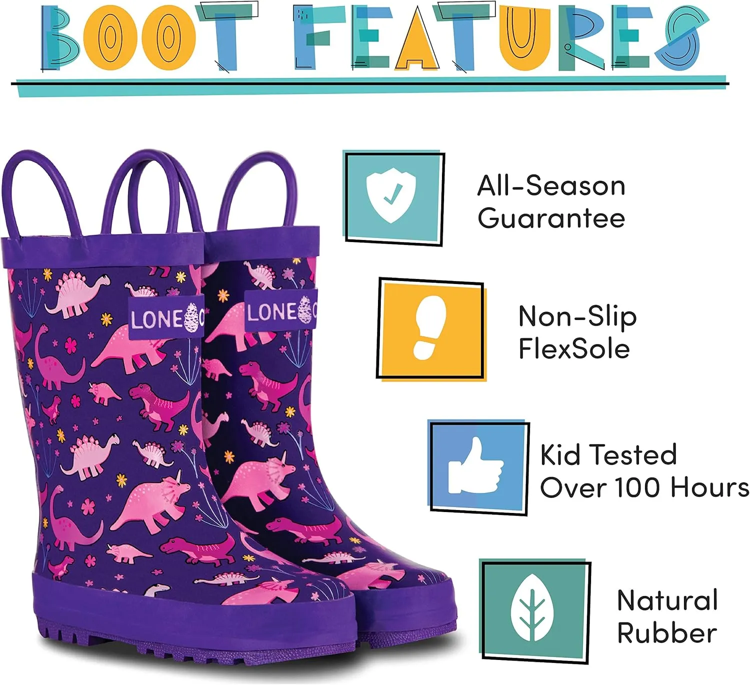 Lone Cone Kids Rain Boots for Girls & Boys – Waterproof Natural Rubber Toddler Rain Boots with Non-Slip Outsole & Easy Pull Handles – Solid, Pattern & Glitter Designs