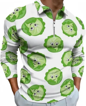 Long Sleeve Polo Shirts for Men - Bright Cabbage Cute Eyes Funny Polo Shirts Mens Shirts Casual Golf Shirts