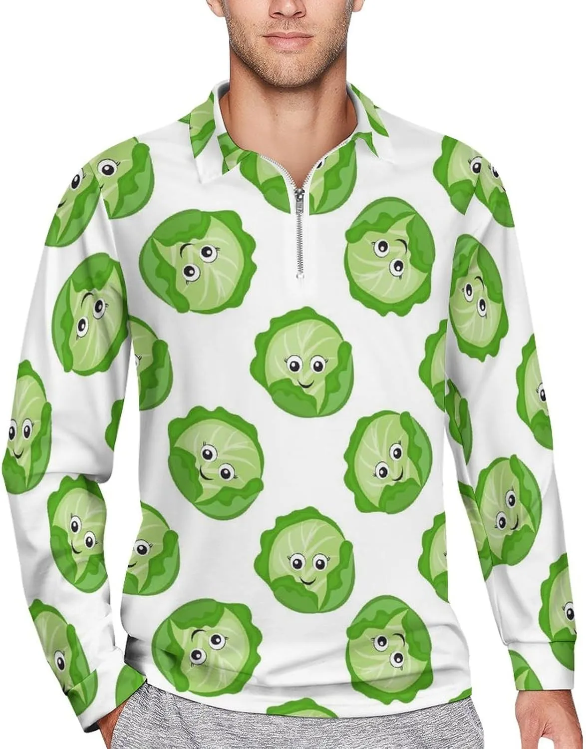 Long Sleeve Polo Shirts for Men - Bright Cabbage Cute Eyes Funny Polo Shirts Mens Shirts Casual Golf Shirts