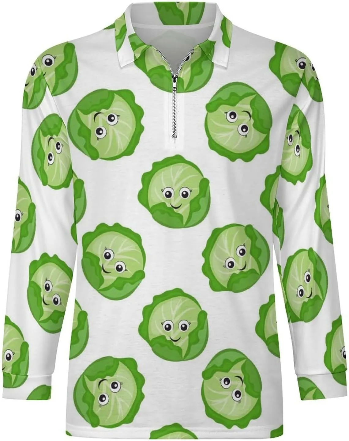 Long Sleeve Polo Shirts for Men - Bright Cabbage Cute Eyes Funny Polo Shirts Mens Shirts Casual Golf Shirts