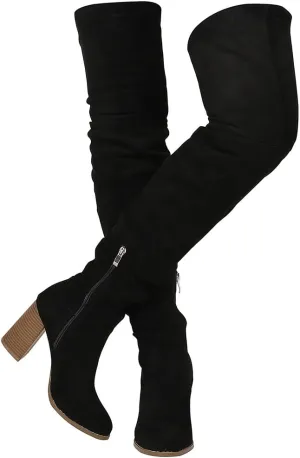 Lovee Cosee Women's Knee High Faux Suede Boots Pointed Toe Chunky Block High Heel Stretch Winter Thigh High Boots