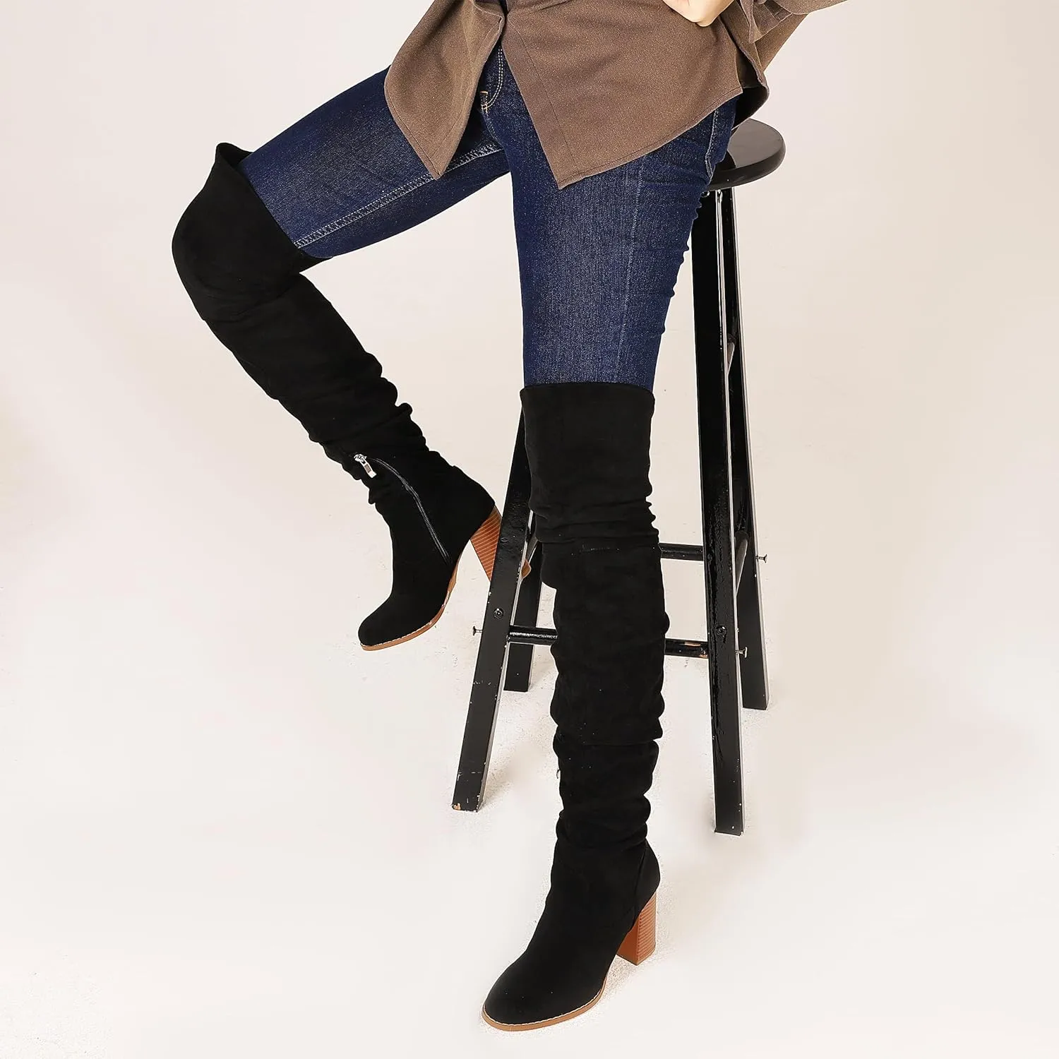 Lovee Cosee Women's Knee High Faux Suede Boots Pointed Toe Chunky Block High Heel Stretch Winter Thigh High Boots