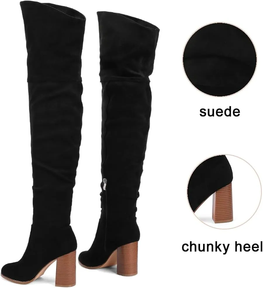 Lovee Cosee Women's Knee High Faux Suede Boots Pointed Toe Chunky Block High Heel Stretch Winter Thigh High Boots
