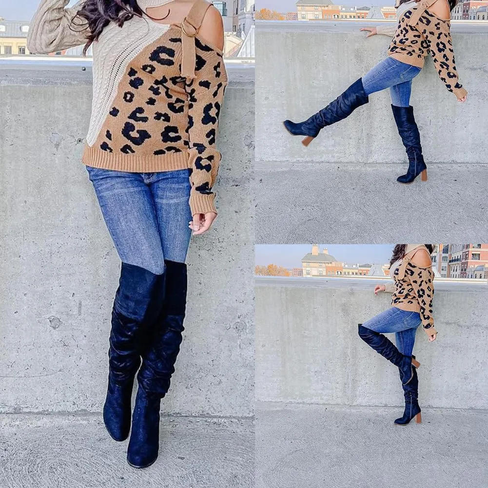 Lovee Cosee Women's Knee High Faux Suede Boots Pointed Toe Chunky Block High Heel Stretch Winter Thigh High Boots