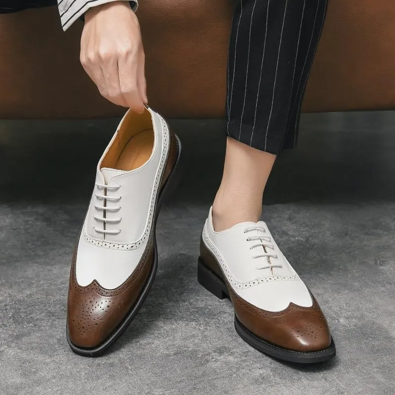 Luxury Italian Men's Oxford, Two Tone Genuine Leather Shoes, Men All-Match Dress Shoes, Cap Toe Lace Up Business Formal Shoes, Comfortable Casual Loafers