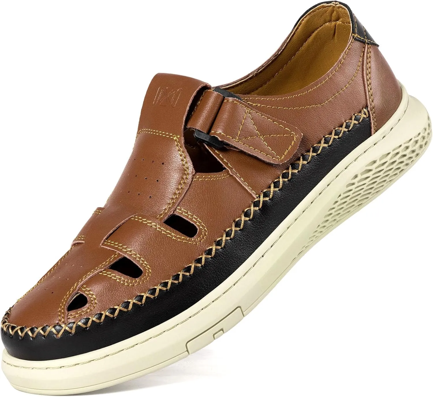 MAIZUN Men's Leather Sandals Outdoor Casual Closed Toe Sport Sandals Summer Fisherman Beach Shoes with Adjustable for Athletic Hiking Walking