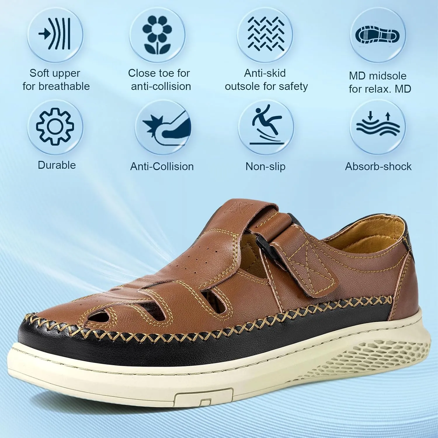 MAIZUN Men's Leather Sandals Outdoor Casual Closed Toe Sport Sandals Summer Fisherman Beach Shoes with Adjustable for Athletic Hiking Walking