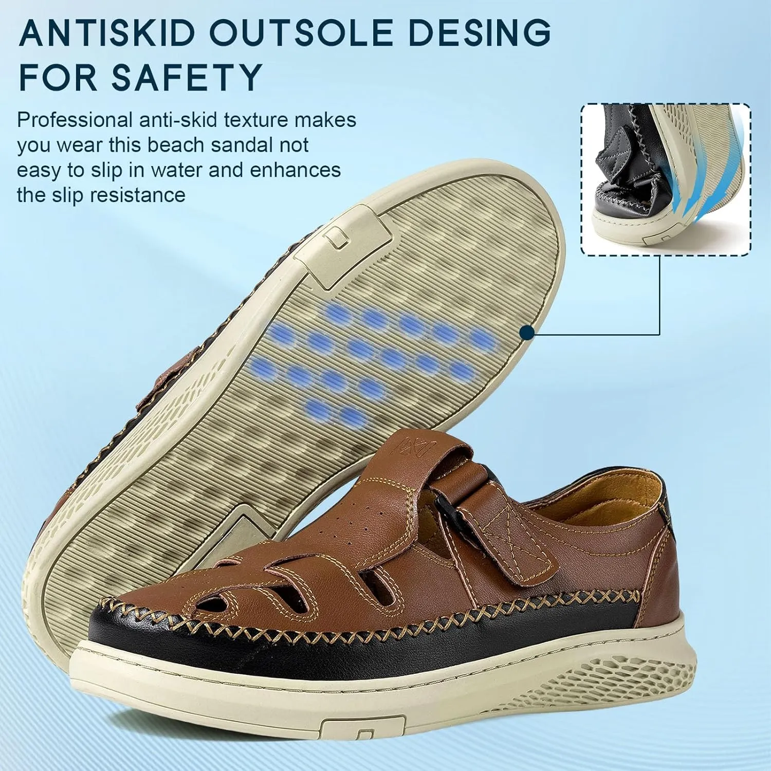 MAIZUN Men's Leather Sandals Outdoor Casual Closed Toe Sport Sandals Summer Fisherman Beach Shoes with Adjustable for Athletic Hiking Walking
