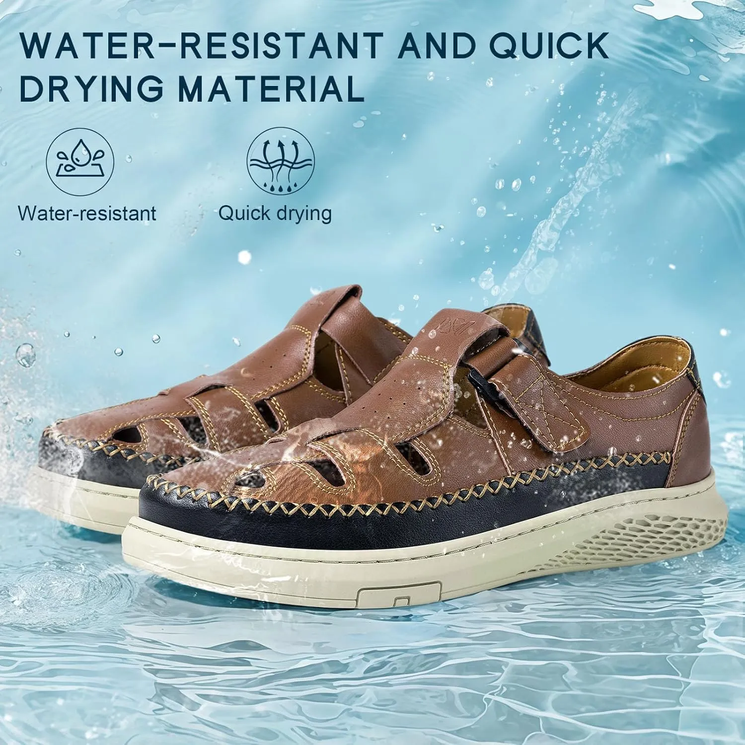 MAIZUN Men's Leather Sandals Outdoor Casual Closed Toe Sport Sandals Summer Fisherman Beach Shoes with Adjustable for Athletic Hiking Walking