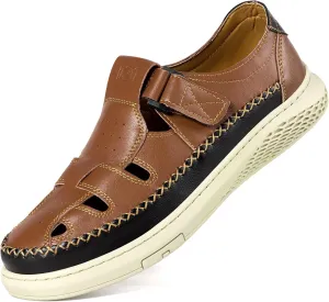 MAIZUN Men's Leather Sandals Outdoor Casual Closed Toe Sport Sandals Summer Fisherman Beach Shoes with Adjustable for Athletic Hiking Walking