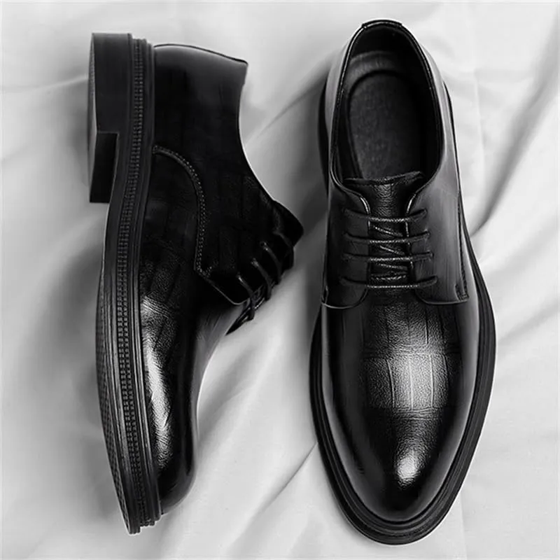 Men's Business Dress Height-Enhancing Square-Heel Casual Shoes Round-Toe Breathable Wedding Groom Shoes for Men
