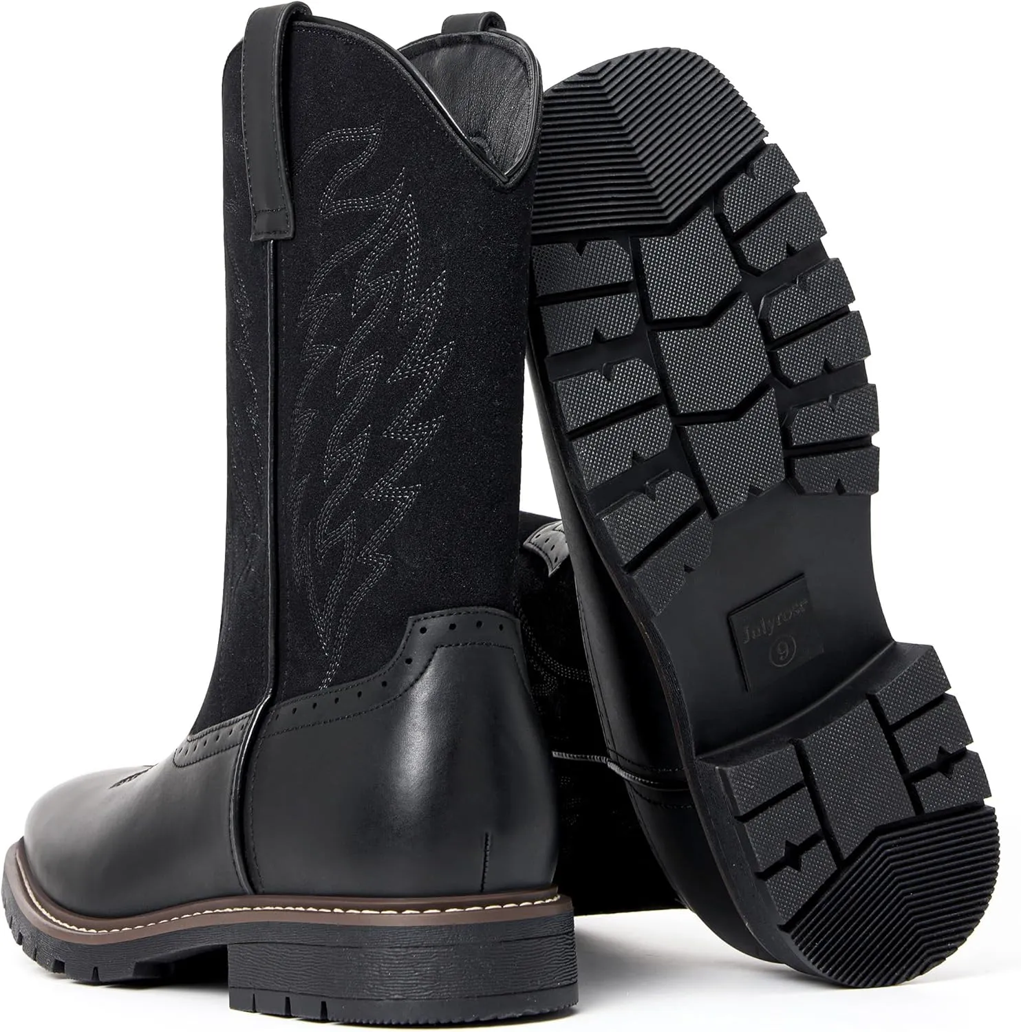 Men's Cowboy Boots - Western Boots Square Toe,Slip Resistant,Retro Embroidered Design,Slip on Chunky Heel Country Boot