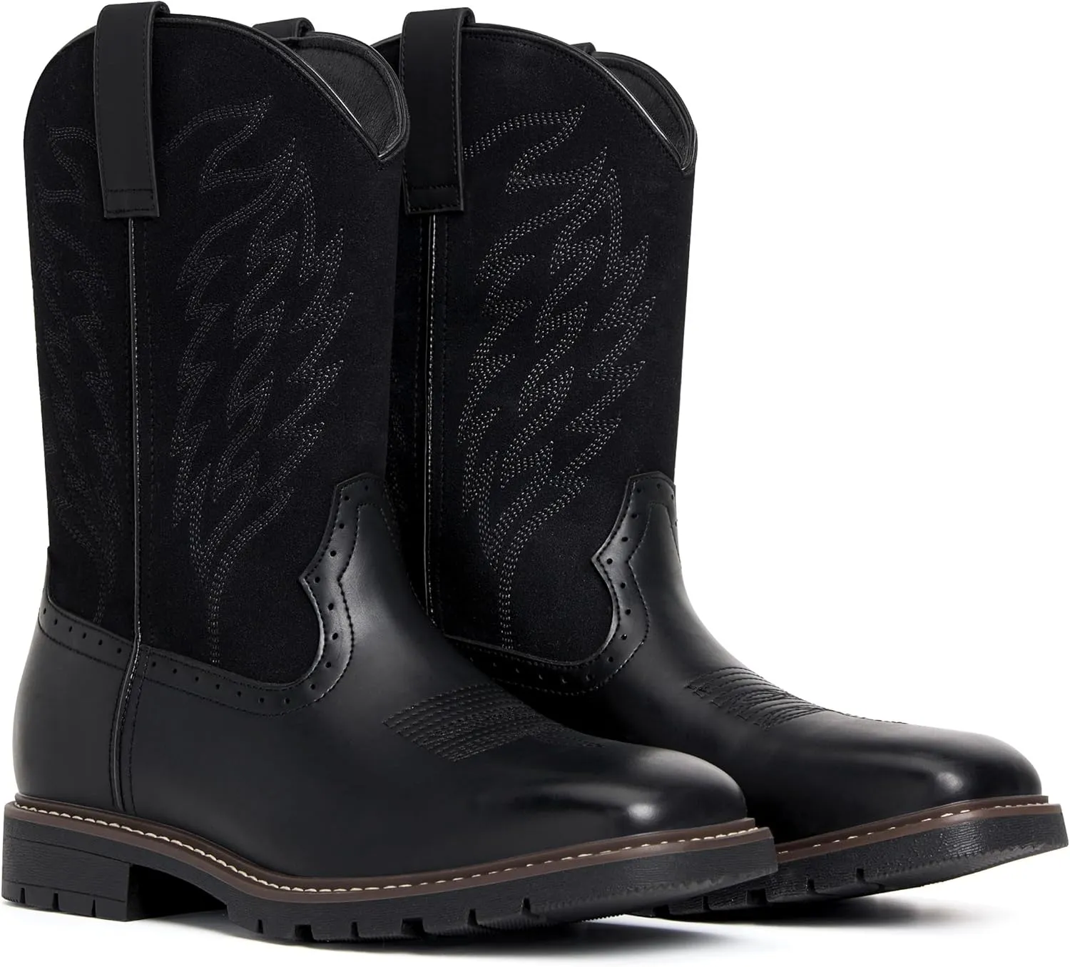 Men's Cowboy Boots - Western Boots Square Toe,Slip Resistant,Retro Embroidered Design,Slip on Chunky Heel Country Boot