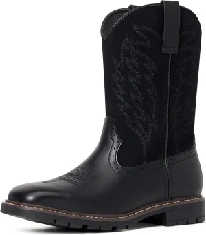 Men's Cowboy Boots - Western Boots Square Toe,Slip Resistant,Retro Embroidered Design,Slip on Chunky Heel Country Boot