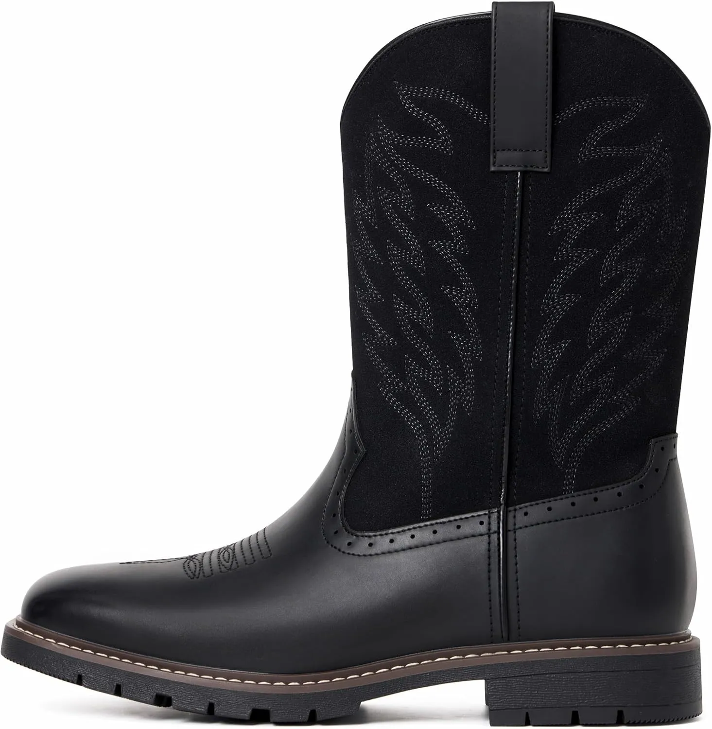 Men's Cowboy Boots - Western Boots Square Toe,Slip Resistant,Retro Embroidered Design,Slip on Chunky Heel Country Boot