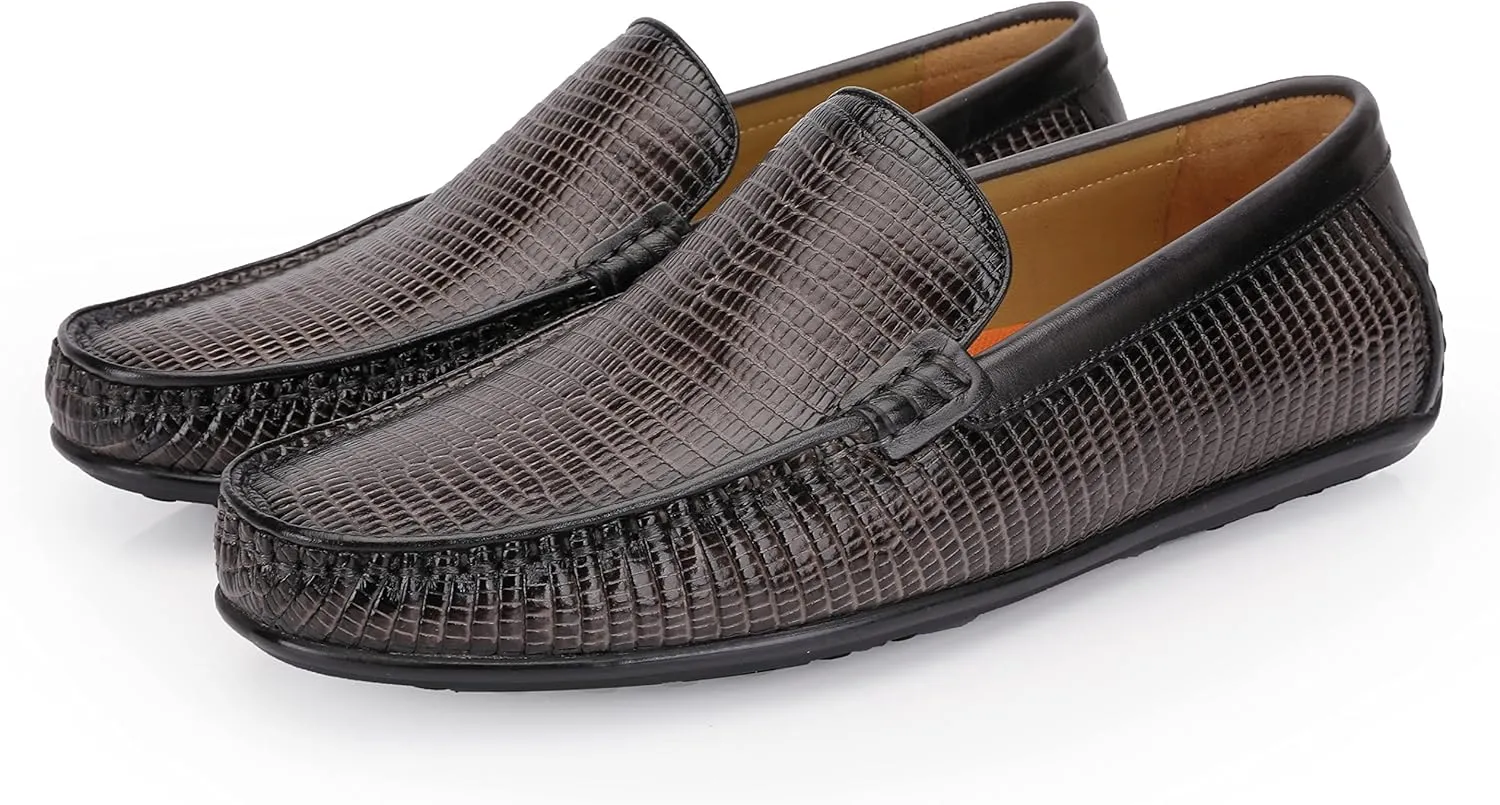 Men's Genuine Leather Loafers Crocodile Printed Slip On Soft Driving Dress Shoes