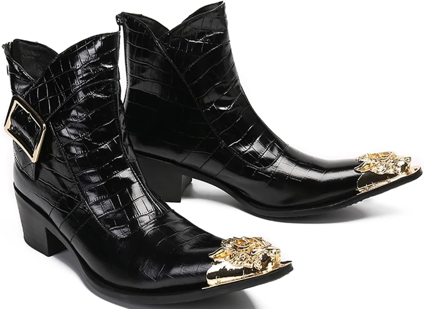 Men's Genuine Leather Western Chelsea Boots | Mid-Top Boots with Metallic Toe & Side Zipper | Bold Style for Nightclubs, Upscale Parties & Stage Performances