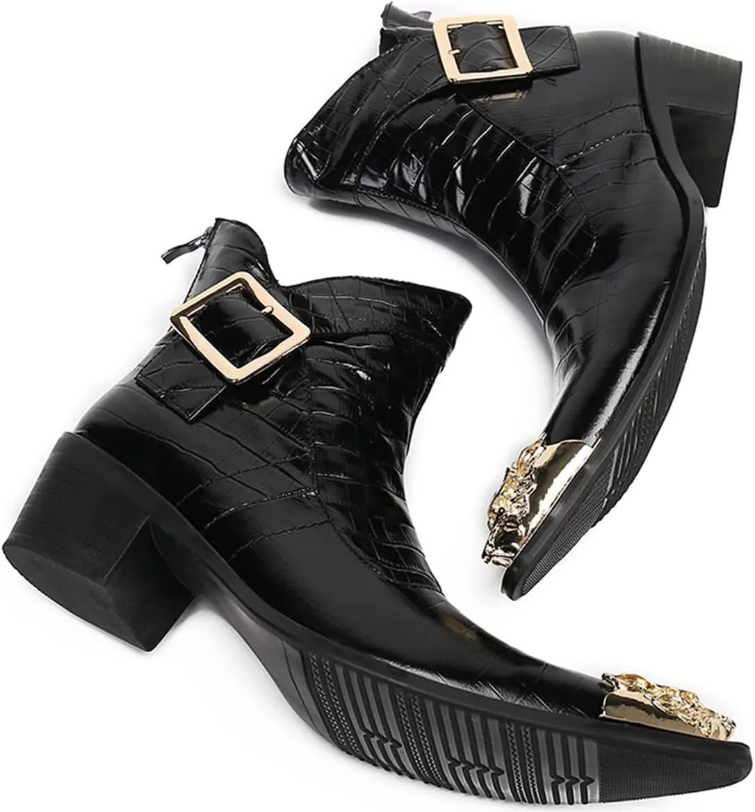 Men's Genuine Leather Western Chelsea Boots | Mid-Top Boots with Metallic Toe & Side Zipper | Bold Style for Nightclubs, Upscale Parties & Stage Performances