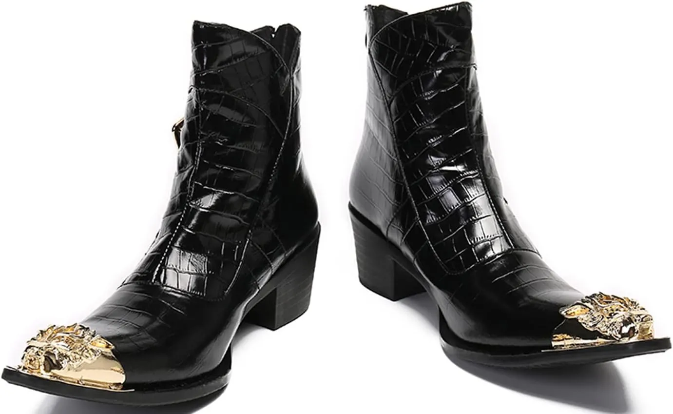 Men's Genuine Leather Western Chelsea Boots | Mid-Top Boots with Metallic Toe & Side Zipper | Bold Style for Nightclubs, Upscale Parties & Stage Performances