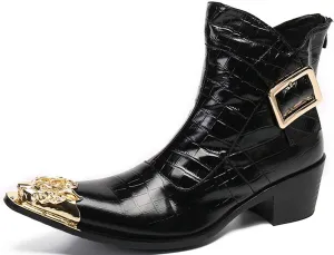 Men's Genuine Leather Western Chelsea Boots | Mid-Top Boots with Metallic Toe & Side Zipper | Bold Style for Nightclubs, Upscale Parties & Stage Performances