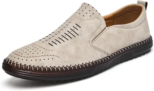 Men's Hand-Sewn Leather Flat Loafers Comfortable Cowhide Soles Non-Slip Slip-On Walking Shoes Summer Breathable Driving Shoes
