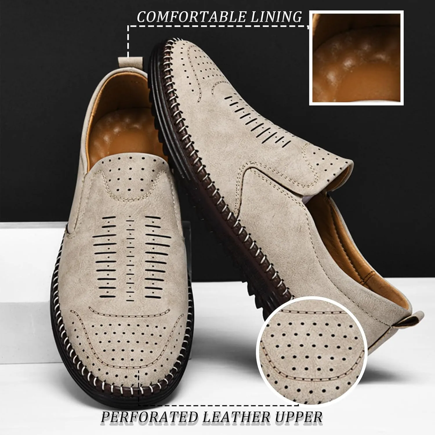 Men's Hand-Sewn Leather Flat Loafers Comfortable Cowhide Soles Non-Slip Slip-On Walking Shoes Summer Breathable Driving Shoes