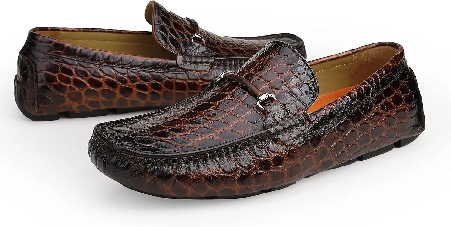 Men's Leather Driving Moccasins Alligator Printed Slip-on Penny Loafers Shoes