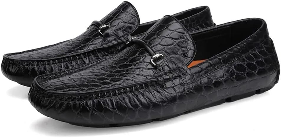 Men's Leather Driving Moccasins Alligator Printed Slip-on Penny Loafers Shoes
