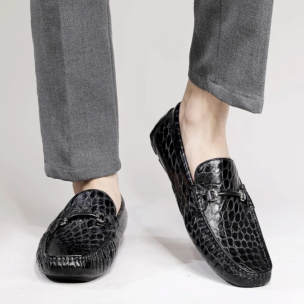 Men's Leather Driving Moccasins Alligator Printed Slip-on Penny Loafers Shoes