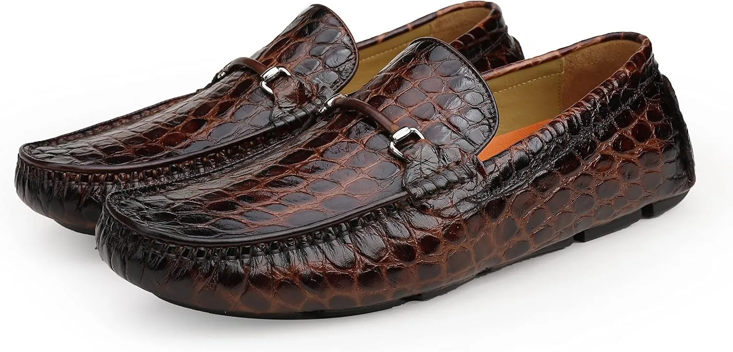 Men's Leather Driving Moccasins Alligator Printed Slip-on Penny Loafers Shoes