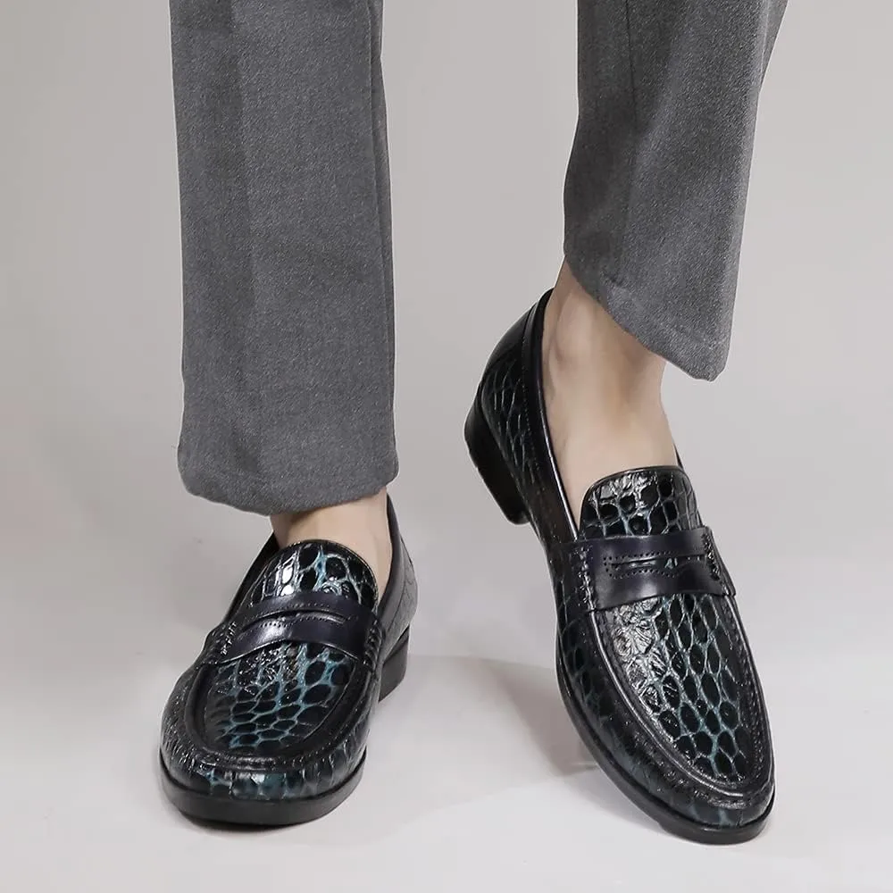 Men's Leather Penny Loafers Formal Dress Shoes Crocodile Printed Soft Slip-On Loafer for Men