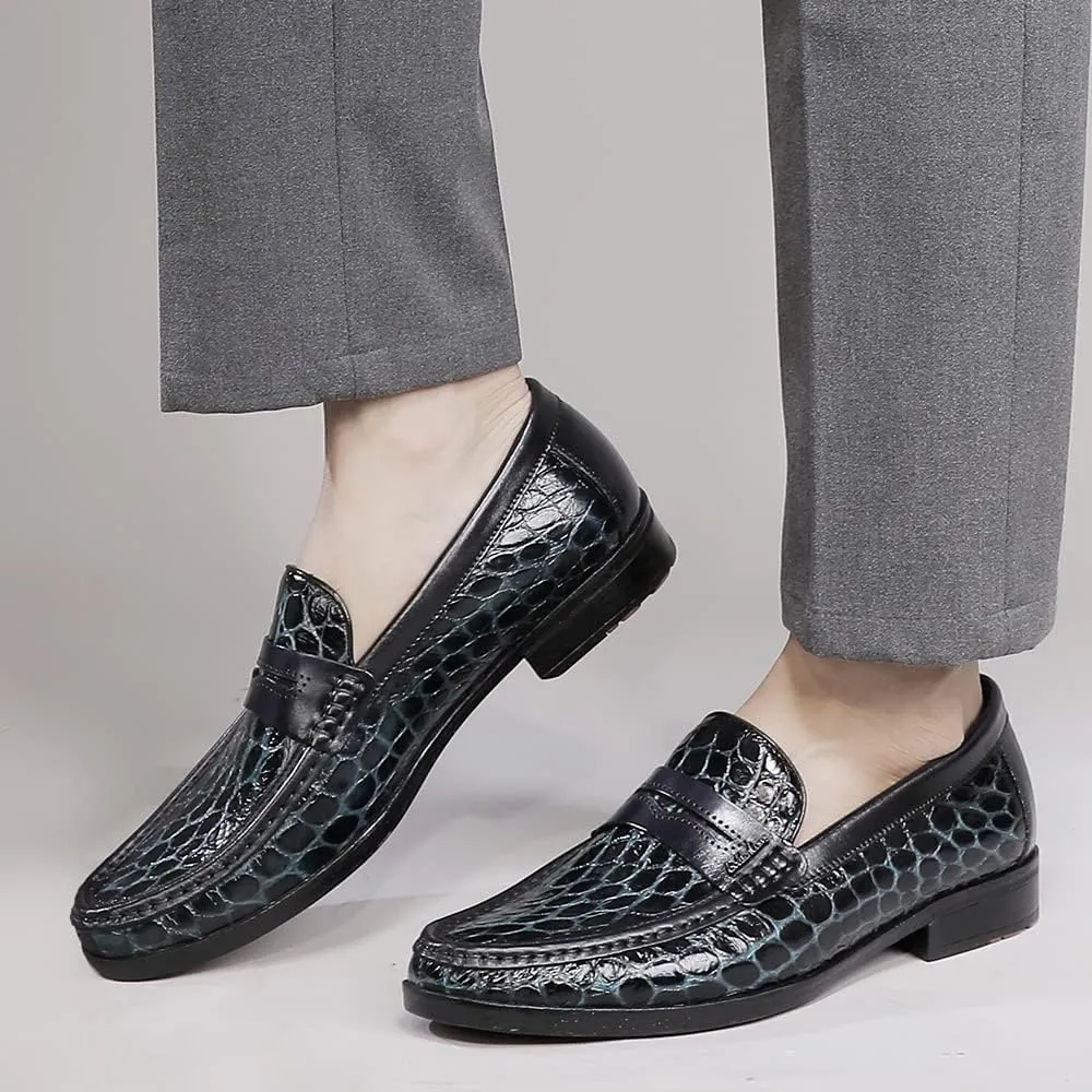 Men's Leather Penny Loafers Formal Dress Shoes Crocodile Printed Soft Slip-On Loafer for Men