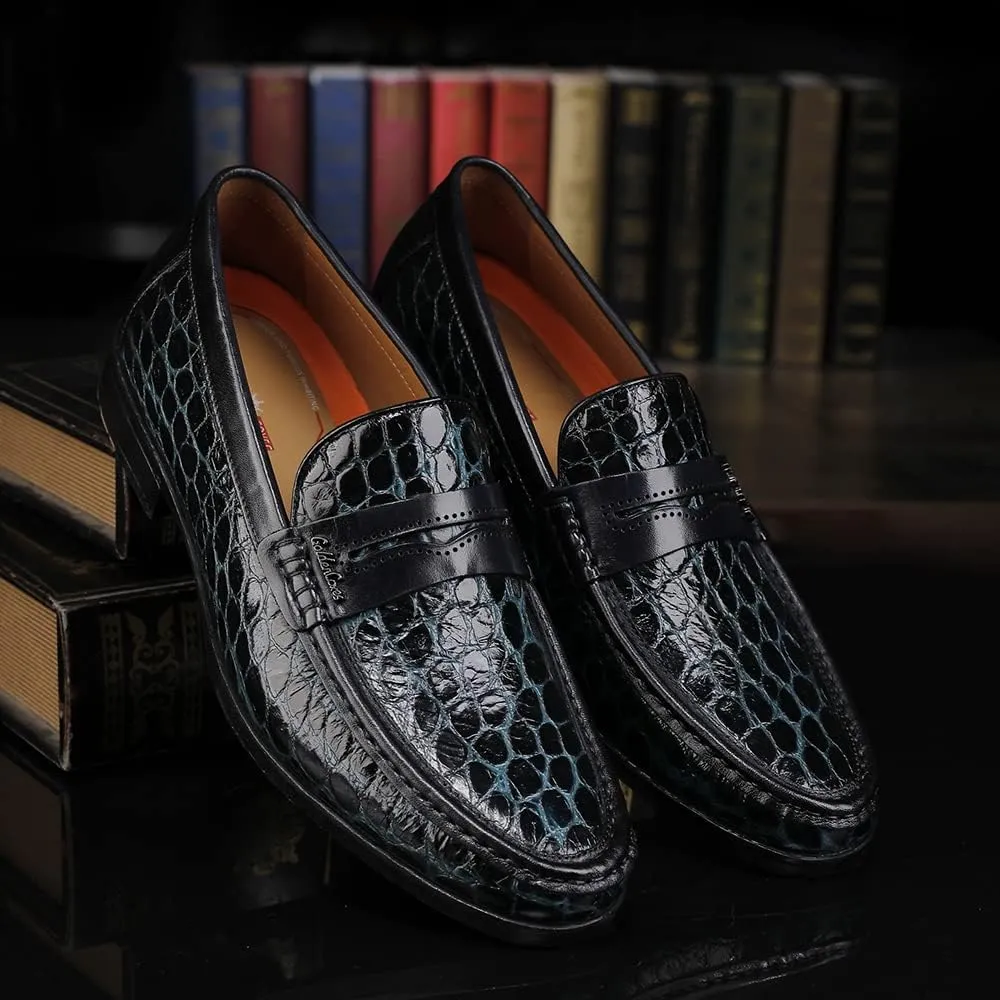 Men's Leather Penny Loafers Formal Dress Shoes Crocodile Printed Soft Slip-On Loafer for Men